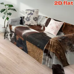 2D flat 1Pc Cowhide Pattern Digital Printed Sofa Cover Blanket, Couch Slipcover, Patchwork Design with Brown Black White Colors - Multi-functional Decorative Throw, Durable Pet Friendly Perfect for Living Room Bedroom Couch Protection and Home Decor
