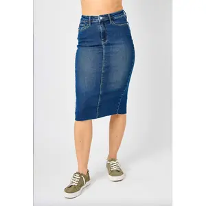 Judy Blue Denim Back Slit Raw Hem Skirt