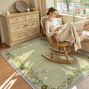 Floral Rugs for Bedroom, Soft Ultra-Thin Area Rugs 5x7 Washable, Non-Slip Sage Green Carpet for Living Room Office (Sage Green,5'x7')