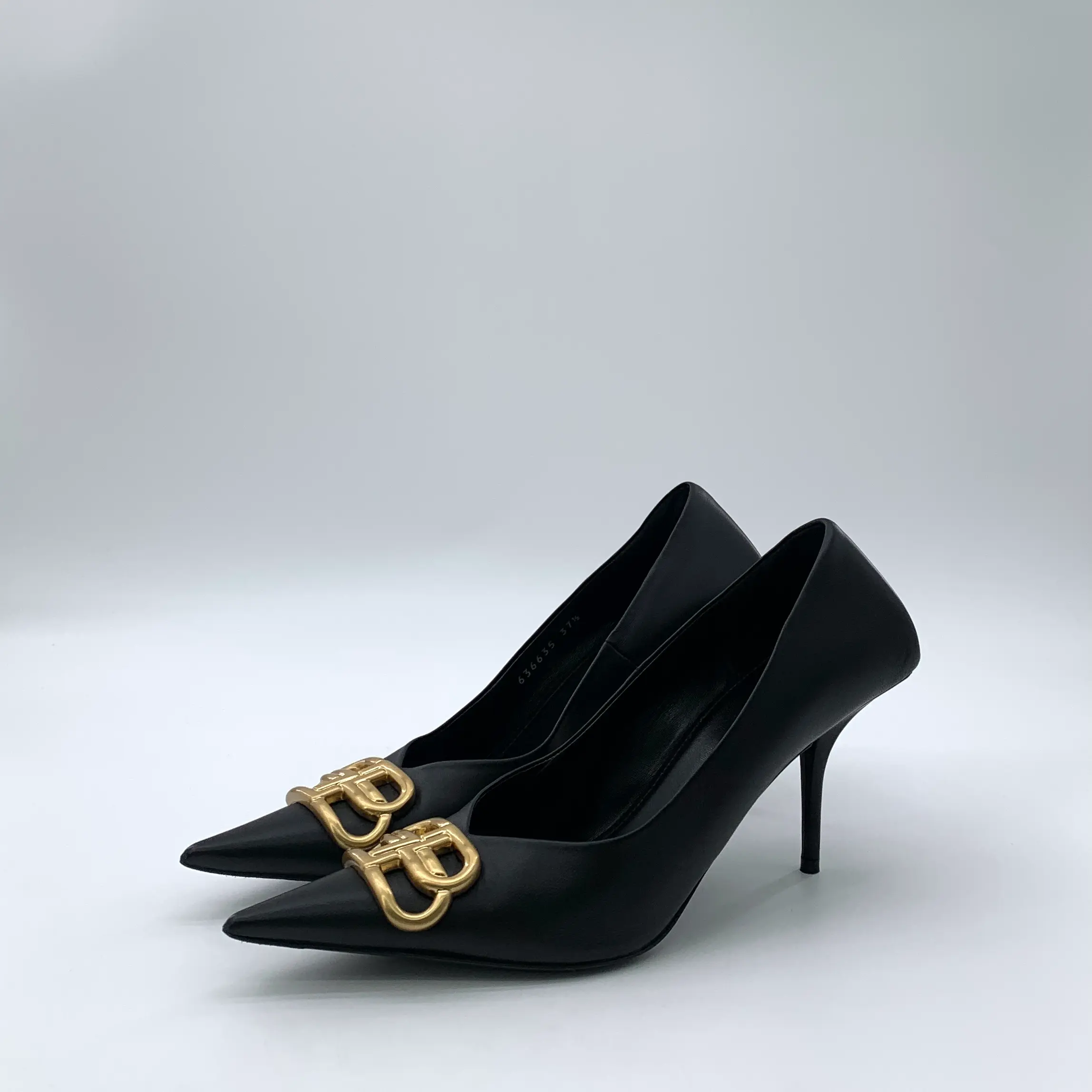 RDLT-Balenciaga Size 37.5 Knife Black Double B Gold Buckle Pointed Toe Stiletto Heels-H36744