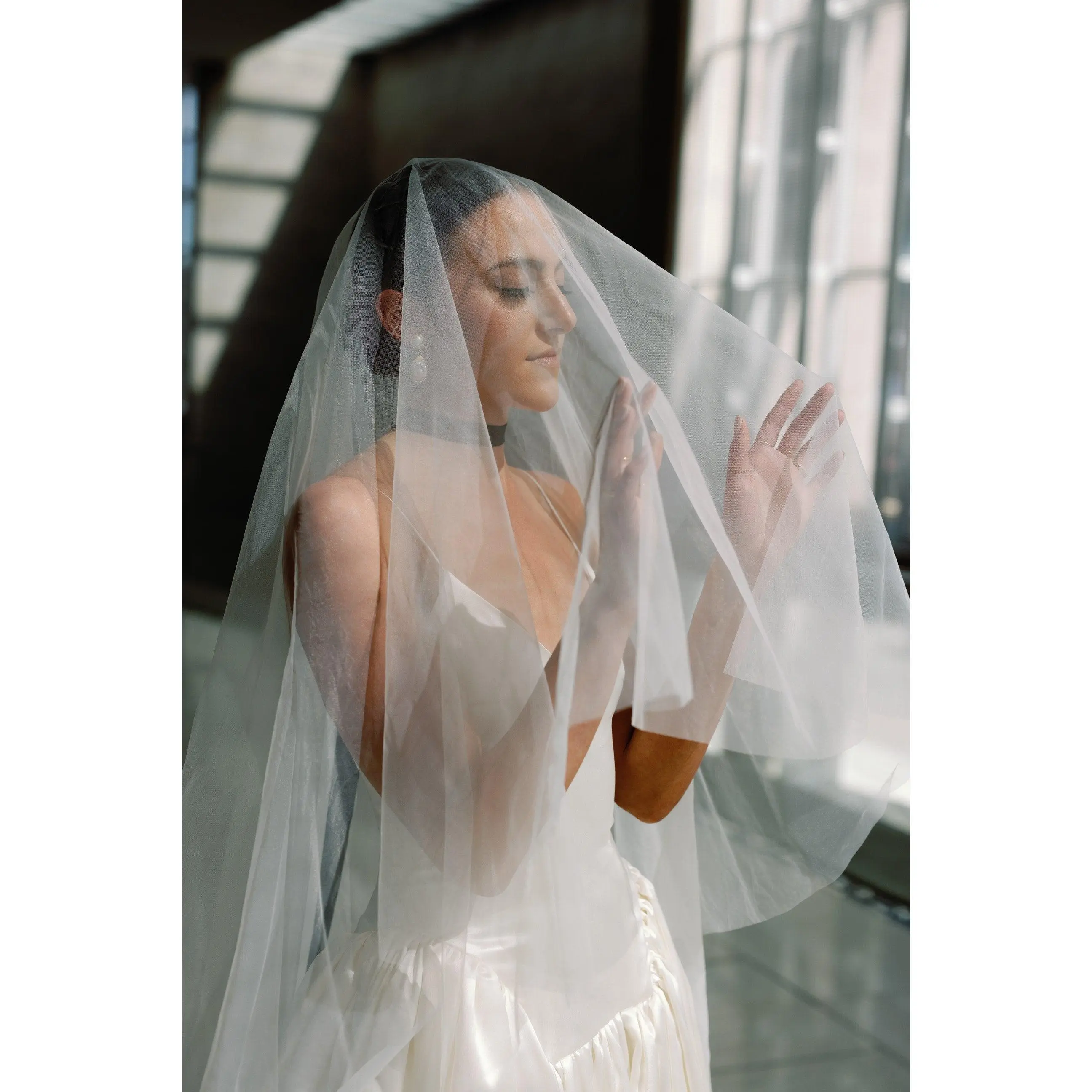 Two Tier Minimalist Wedding Veil with Blusher, Double Layer Simple Bridal Veil