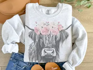 Vintage Highland Cow Sweatshirt floral boho sweater Coquette Pink Bow Cow Pullover Country Cowgirl Sweatshirt Western Cow Pullover Womens Graphic Sweatshirt Womens Pink Bow Hoodie Casual Clothing