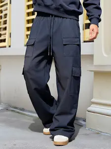 Men's Outdoor Casual Work Pants, Dropped Straight Leg Wide Leg, Elastic Waist Drawstring, Multiple Pockets, Breathable Summer Sport Long Pants