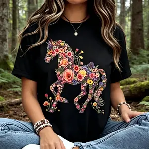Women’s 100% Pure Cotton Short Sleeve T-Shirt | Vintage Floral Unicorn Horse Graphic Casual Summer Ladies Tee#WomensCottonTee #FloralUnicornTee #BohoStyleShirt #SummerCottonTop