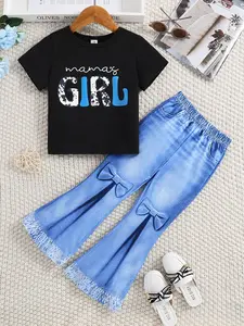 Girl's Letter Print Top  & Denim-effect Print  Pants Set, Casual Round Neck Top   &  Trousers for Daily Wear, Kids Summer Clothes