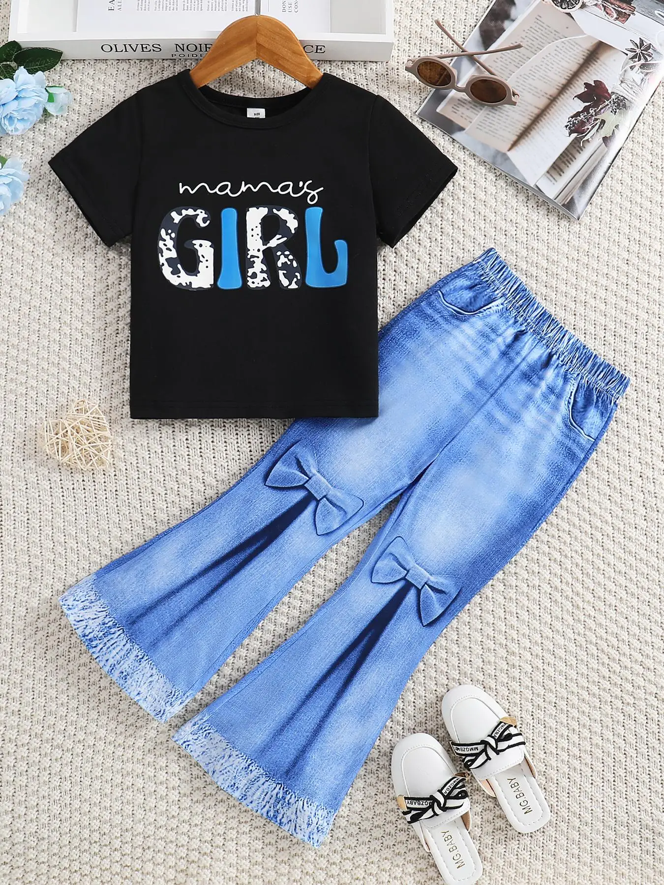 Girl's Letter Print Top & Denim-effect Print Pants Set, Casual Round Neck Top & Trousers for Daily Wear, Kids Summer Clothes