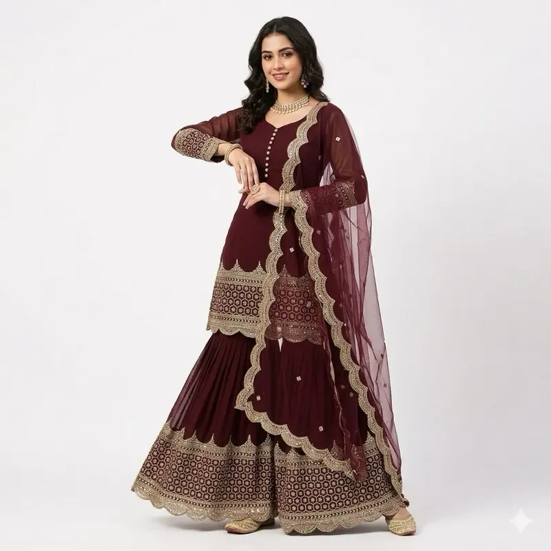 maroon and gold indian dress Traditional Maroon Gown With Golden Embroidery For Wedding main image 0