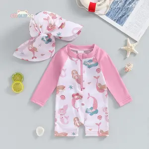 Baby Girl's Bathing Suit Set, Sea Shell Print Long Sleeve Rash Guard Swimsuit Wide Brim Sun Hat Infant Toddler Beachwear