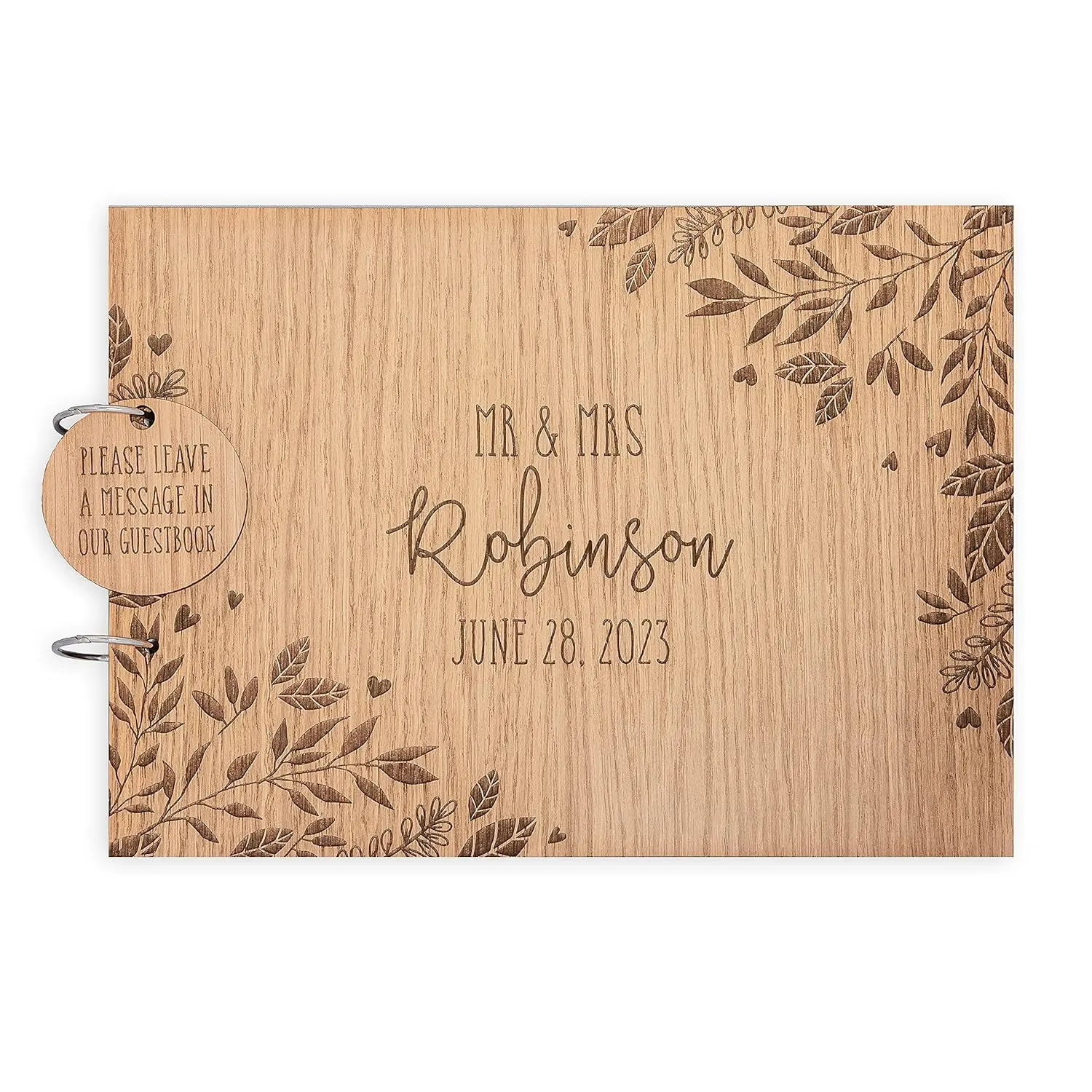 Rustic Rectangular Personalized Engraved Natural Wood Guestbook - Custom Name, Wooden Surface, Office Stationery Notebook for Weddings, Parties, Special Celebrations, Name Engraving