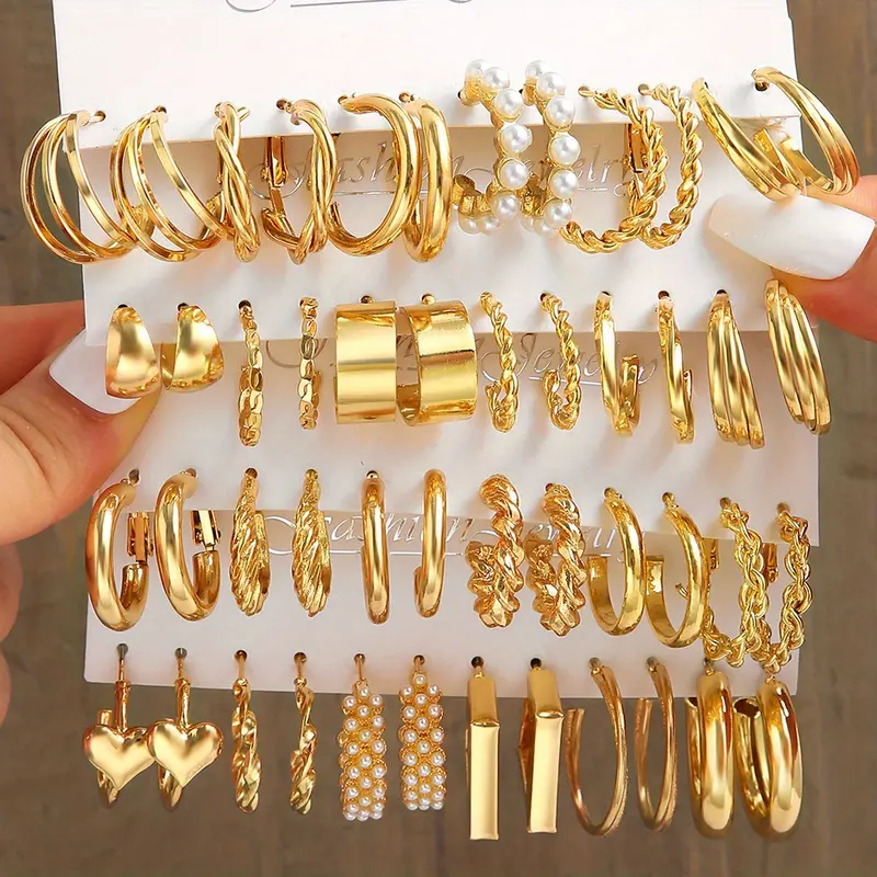 Fashion Hot Selling Pearl Earring Set Wholesale 24 Pairs Hypoallergenic Large/Big Thin Thick Gold Hoops Earrings Loop Pack for Jewelry Gift