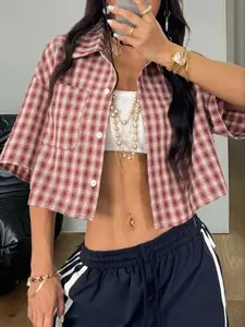 Women's Spring Summer Vintage College Style Plaid Check Loose Cropped Crop Top Shirt Blouse, Perfect for New Year Christmas Wear, Casual Fashion Womenswear