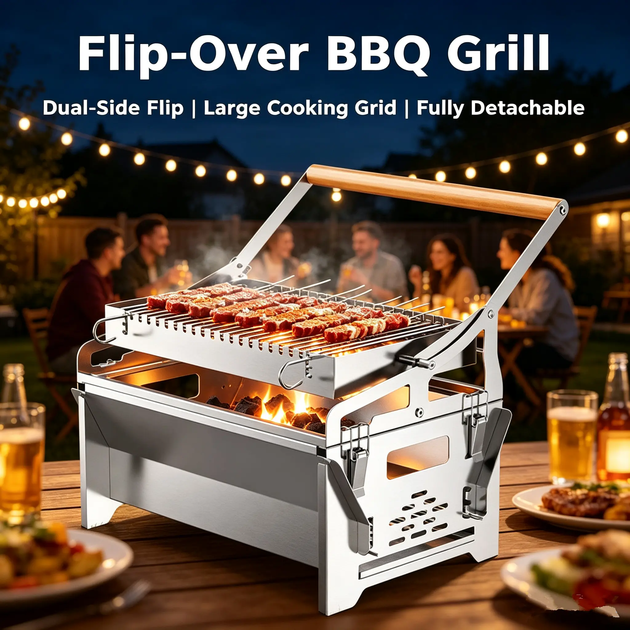Portable Flip-Over Steel Plate Charcoal Grill - Compact, Functional Tabletop BBQ Outdoor Cooking Equipment for Camping, Beach
