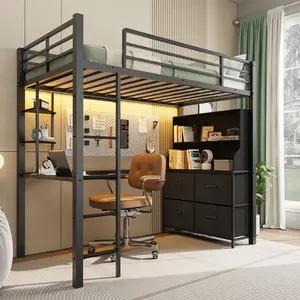 Loft Bed Twin Size with Desk, 4 Large Fabric Drawers and 2 Storage Shelves, Heavy Duty Metal Loft Bed with LED Lights & Charging Sation, Safety Guard & Ladder, No Box Spring Needed, Black/White