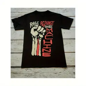100% Cotton Rage Against The Machine Band Pattern T-Shirt - Vintage Red And White Font And Fist Raising Bone Skull Vintage Design - Black Loose Unisex Casual T-Shirt S-3XL - Machine Washable Summer Music Fan Clothing, C Golf Gift T-Shirt For Men And Women