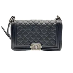 Pre-owned CHANEL france Crossbody Bags H1 Le Boy Black and Silver Medium lambskin Cowhide Mouth Cover Bag H22799