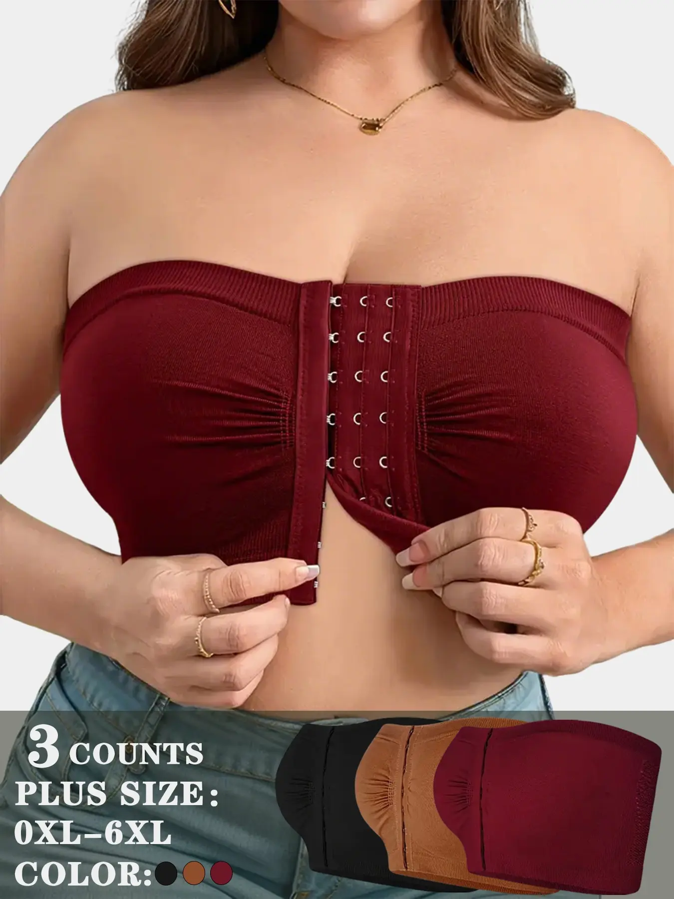 3PCS Plus Size Strapless Bra Front Closure Anti-Slip Bandeau Elegant Chic Bridal Secure Fit for Wedding & Evening Gowns Non Slip Bras