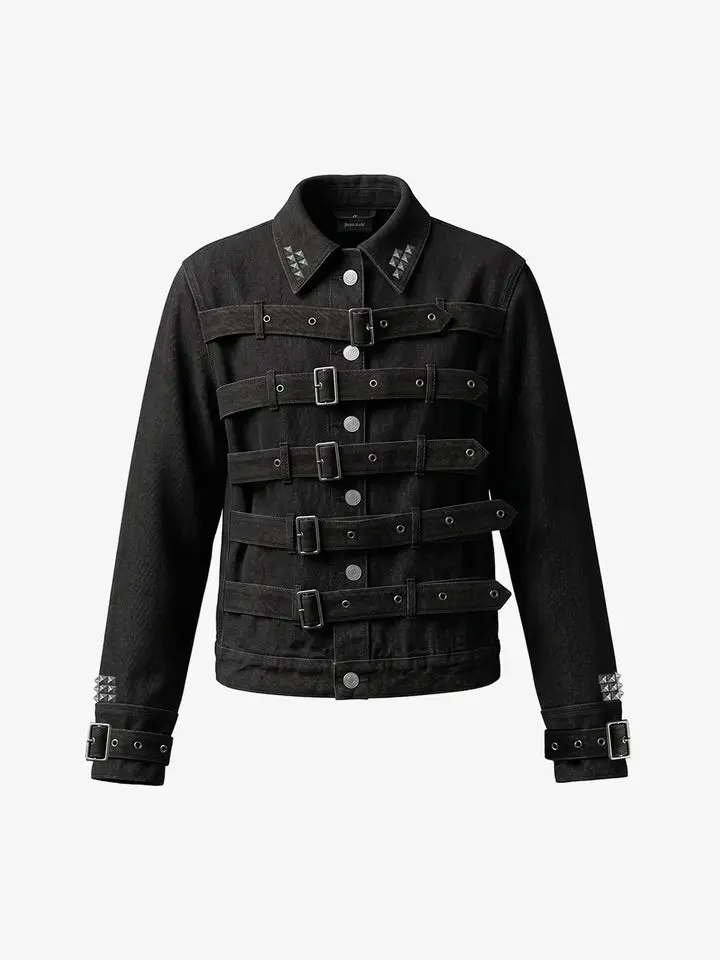 Supermade Rivet Strap Denim Jacket | Pyramid Stud Buckle Pointed Collar Streetwear Jacket Men Women