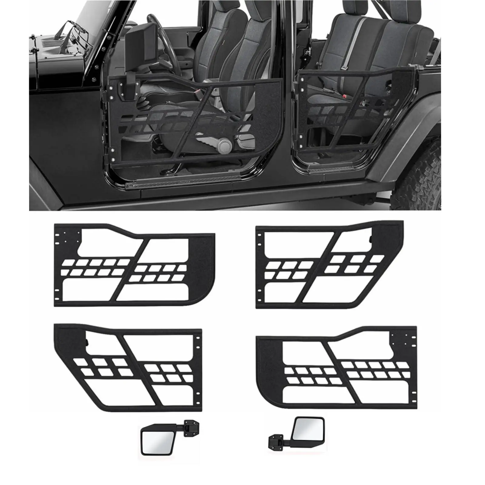 Off Road Tubular Trail Doors with Side View Mirror Compatible with Jeep Wrangler JK 2007-2018 (4-Door Only), Set of 4 Half Tube Doors for Offroad Trail Adventure, Front & Rear Doors 4PCS
