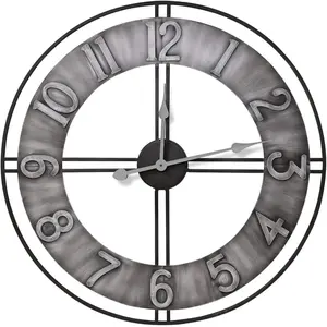 Distressed Gray 24 Inch Wall Clock with Large Arabic Numerals for Easy Reading, Quartz Movement, and Mounting Bracket for Home Decor