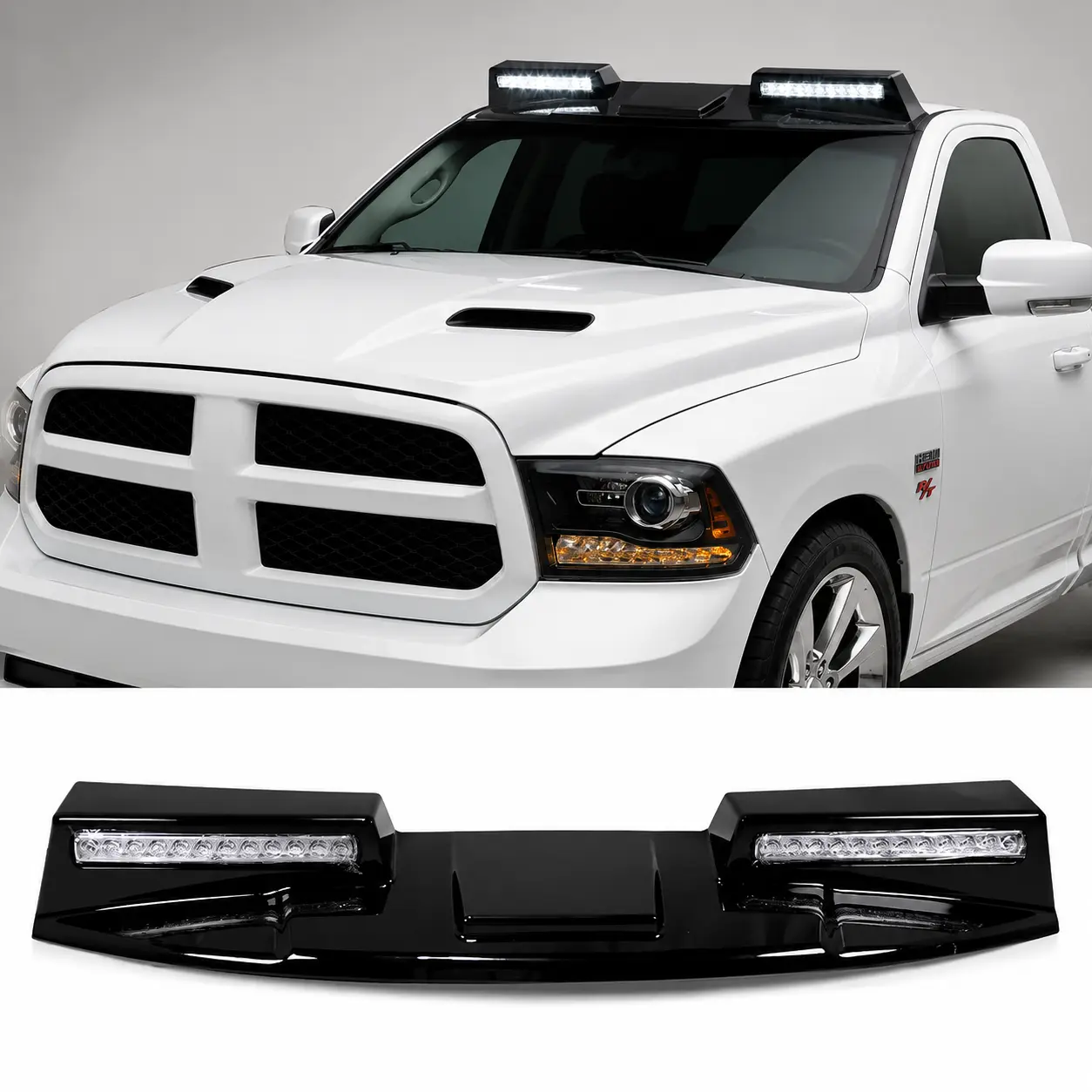 100% Brand New Painted Gloss Black High-Quality ABS Plastic Roof Top Spoiler Lip w/ LED Lights - Cab Spoiler Truck Accessory, Custom Fit Wind Deflector for RAM 1500 (Fits 2013-2018, Exterior Visor Replacement) High Quality Abs Plastic Protection, Lighting