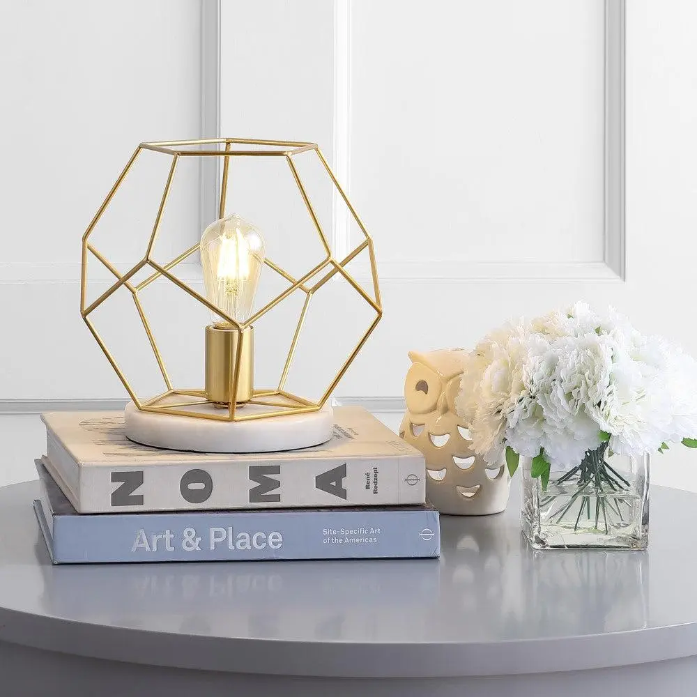 JONATHAN Y James MidCentury Glam Metal/Marble Geometric LED Table Lamp , for bedroom, living room, foyer, hallways, dining room, dorms