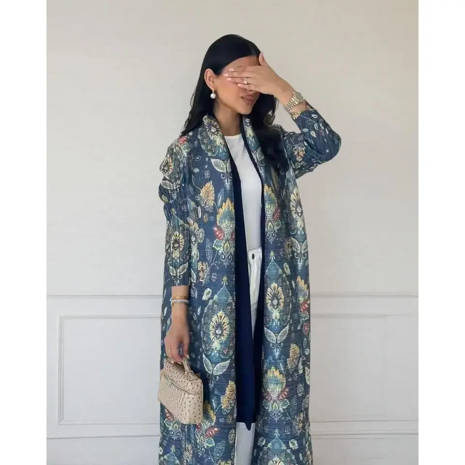 Women's Fold Miyake Pleated Abaya Long Sleeve Print Foldable Collar Robe Cardigan Coat New Winter Fashion Original Design 2026