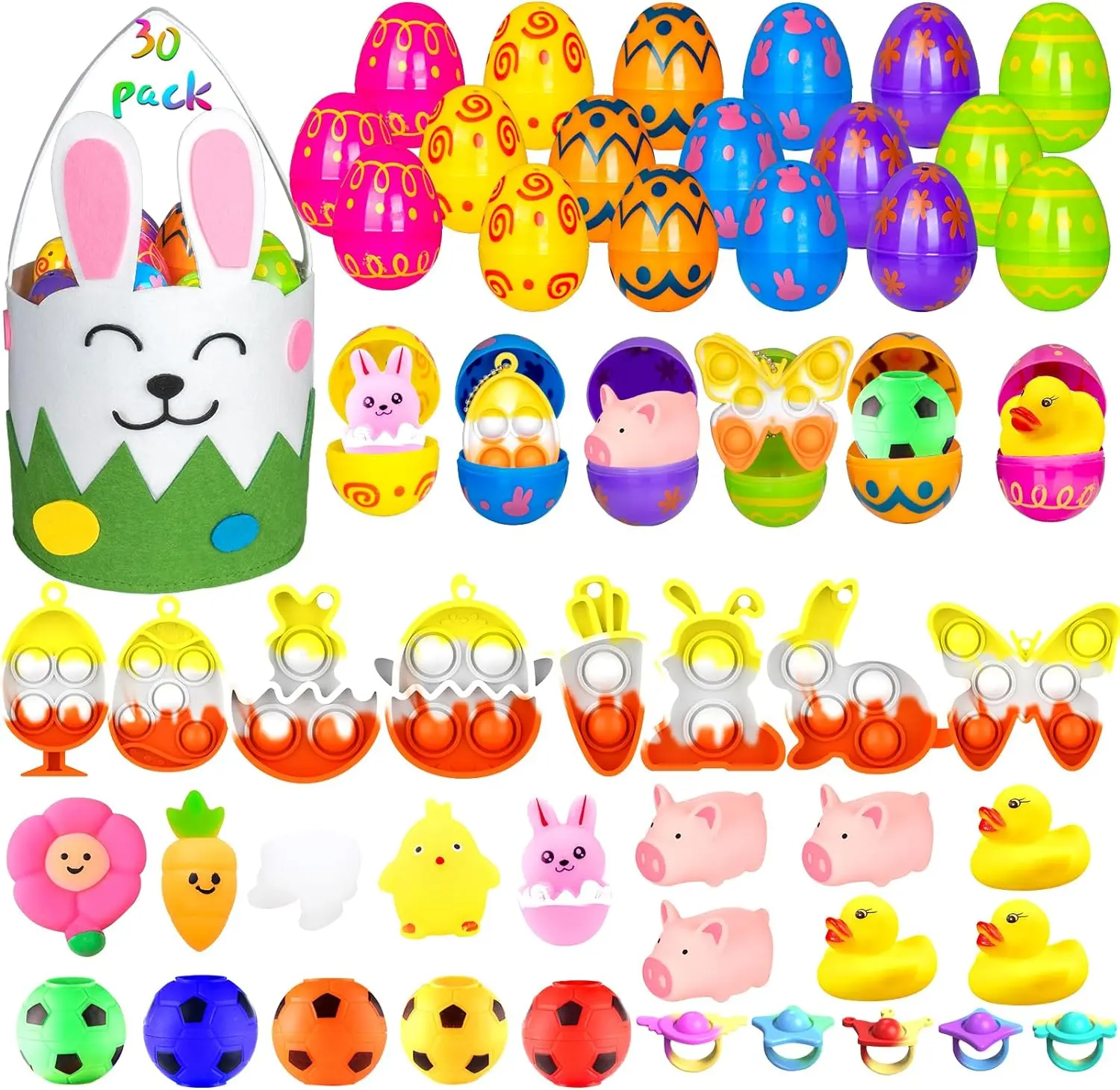 30 Pack Plastic Easter Eggs with Pop Keychain Mochi Fidget Stress Relief Bulk Toys for Easter Basket Stuffers , Easter Egg Fillers for Kids Toddler, Party Favor, Eggs Hunt, Classroom Prize Supplies