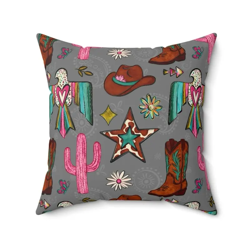 Watercolor Texas Map pillow Southwestern Pattern Square Pillow with Cowboy Possum Design for Western Decor