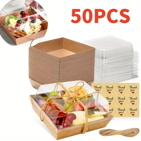 50PCS Disposable Paper-Cardboard 5-Inch Food Containers with Lids, Small Charcuterie To-Go Boxes for Bakeries, Birthday Desserts, Sandwiches, Cookies