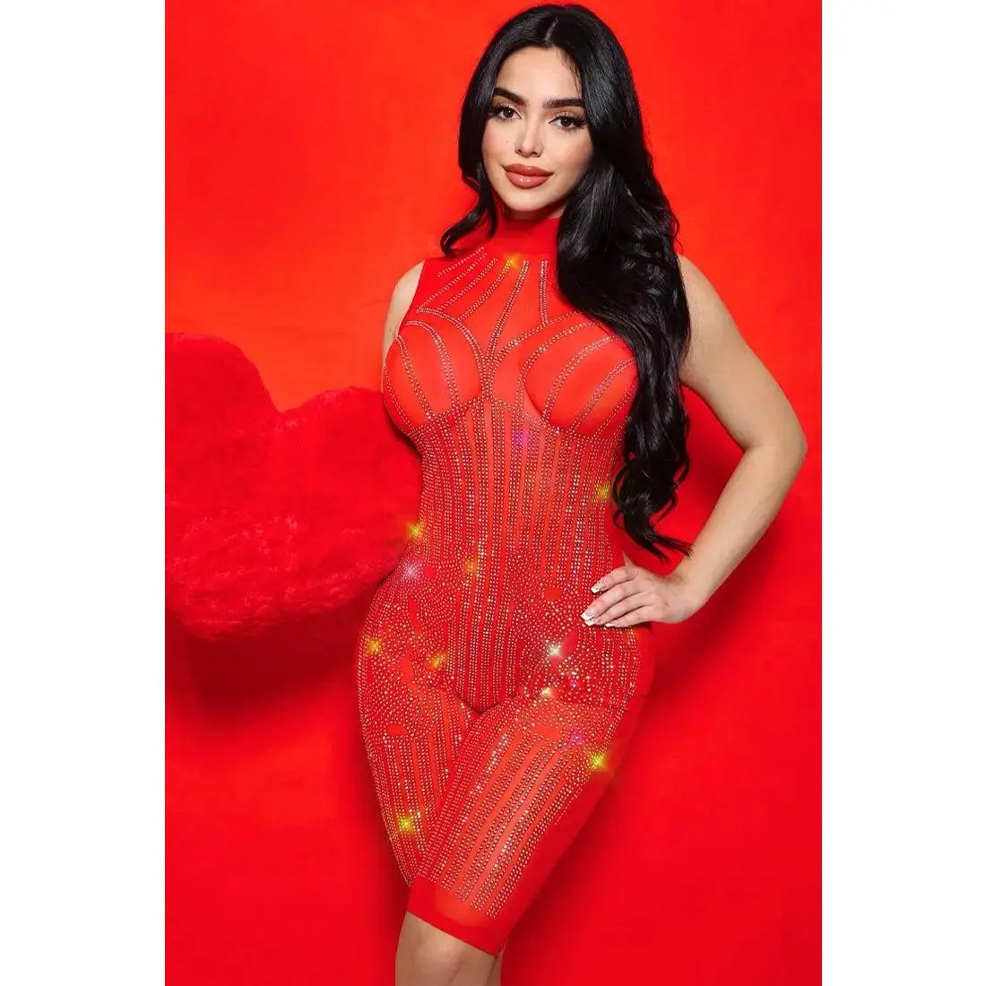 Red Mesh Blinged Out Rhinestone Sexy Jumpsuit Romper