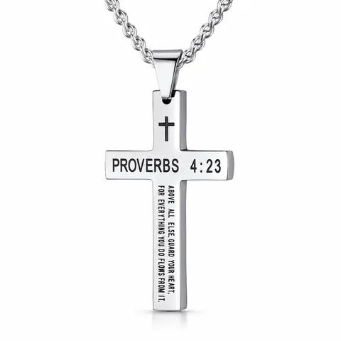 Men's Stainless Steel Black Silver Crucifix Necklace - Black Cross Design, 20-24in Curb Chain, Engraved Bible Verse Spiritual Jewelry, Birthday Gifts for Him, Gifts for Boyfriend
