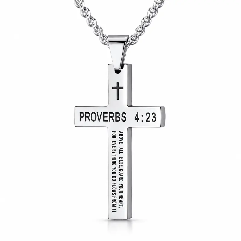 Men's Stainless Steel Black Silver Crucifix Necklace - Black Cross Design, 20-24in Curb Chain, Engraved Bible Verse Spiritual Jewelry, Birthday Gifts for Him, Gifts for Boyfriend