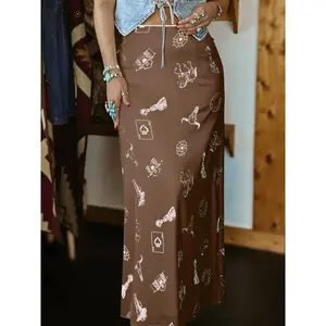 Women's Casual Western Style Satin Long Skirt, Womenswear High-Waisted Fitted Print Design, All-Season Wearable, Perfect for Vacation & Daily