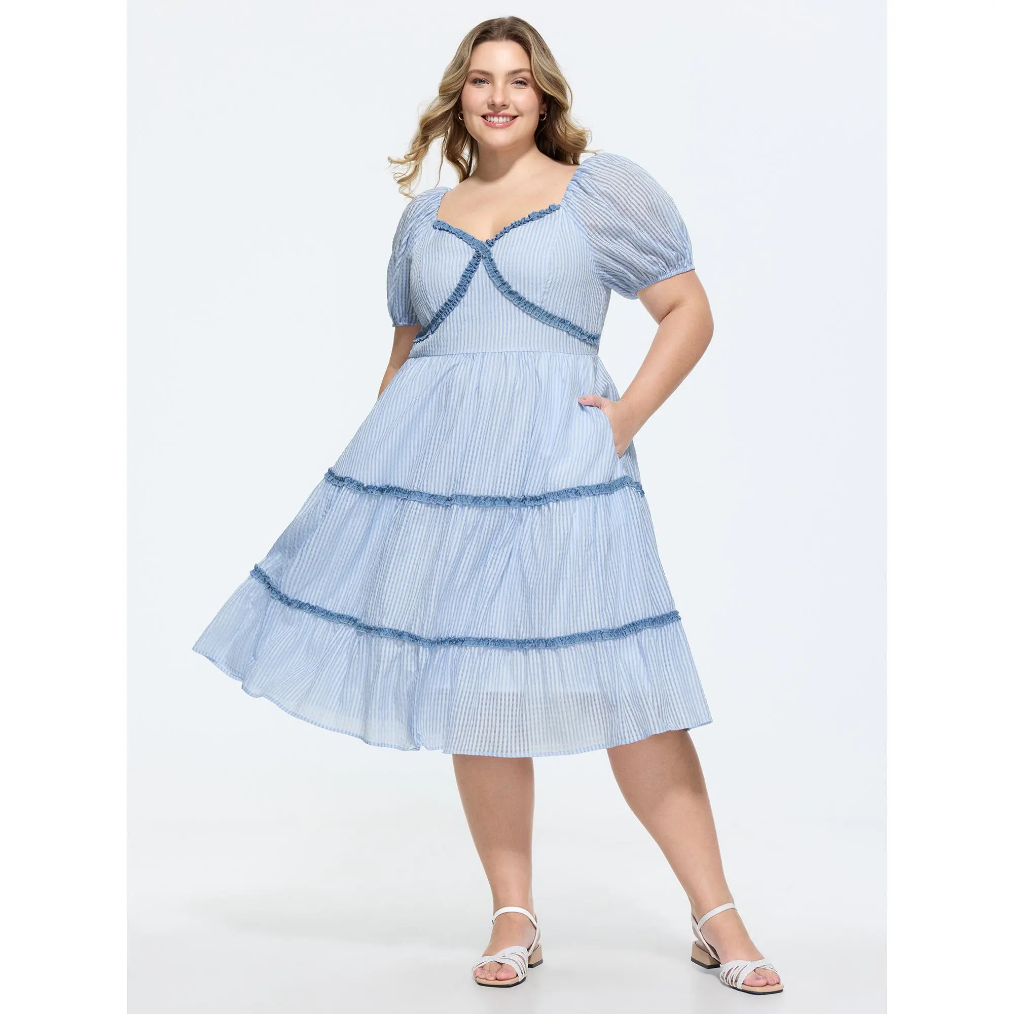 BloomChic Plus Size Midi Dress in Gingham, Casual Tiered Curvy Clothing with Ruffle Short Sleeve and Side Pockets, Shortsleeve, Ruffles, Fabric, Plus Size Clothes, Patchwork, Light, Women, Polyester, Plaid, Spandex, Casual Wear, Smooth