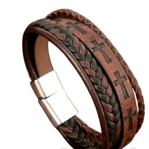 The Bling Barn Crossroads Leather Wrap Bracelet Brown & Black Braided Design with Engraved Cross Accents & Magnetic Clasp for Men Women Faith-Inspired Multi-Strand Braided Genuine Leather Unisex