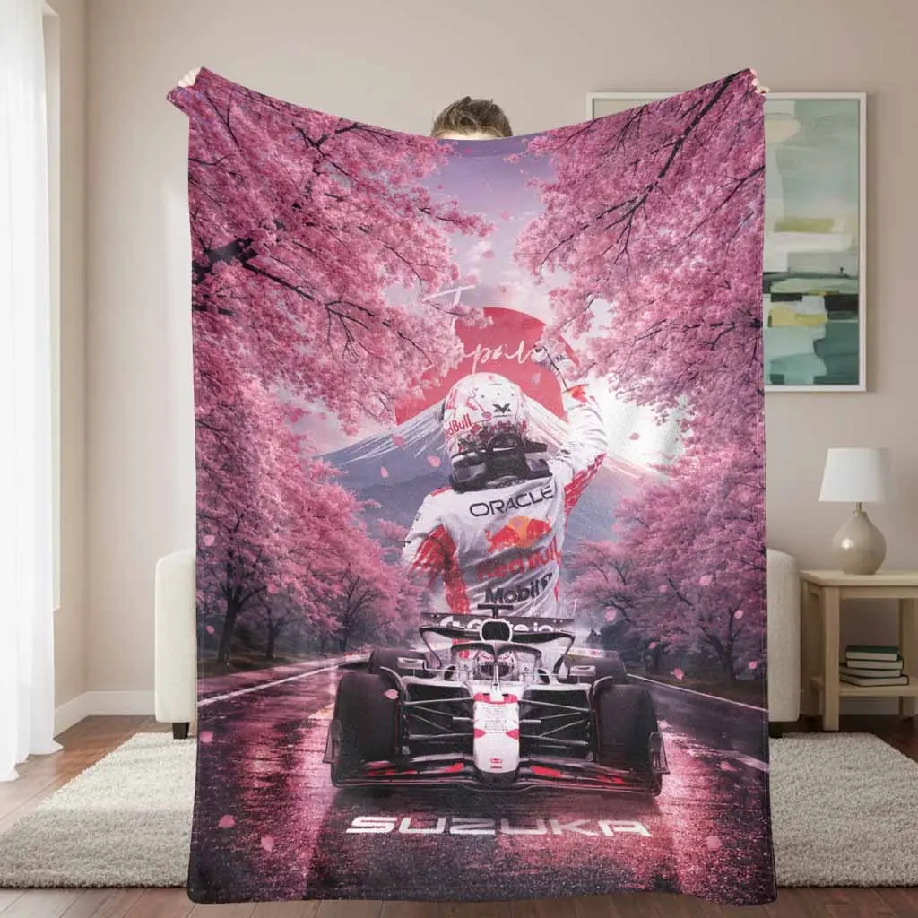 Formula Racing Flannel Blanket Japanese Cherry Blossom Mount Fuji Graphic Soft Plush Lightweight Throw Breathable Warm Bedding Cover for Living Room Sofa Bedroom Camping Picnic Gift