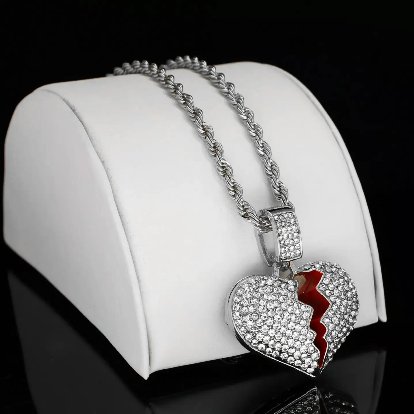 MaxBling81 Pendant Necklace for Adults, Hip Hop Iced Out Broken Heart Charm (35x40mm), Gold or Silver Plated with Cubic Zirconia, 4mm Rope Chain in Multiple Lengths 18-24in, Bling Effect, 35Mm X 40Mm