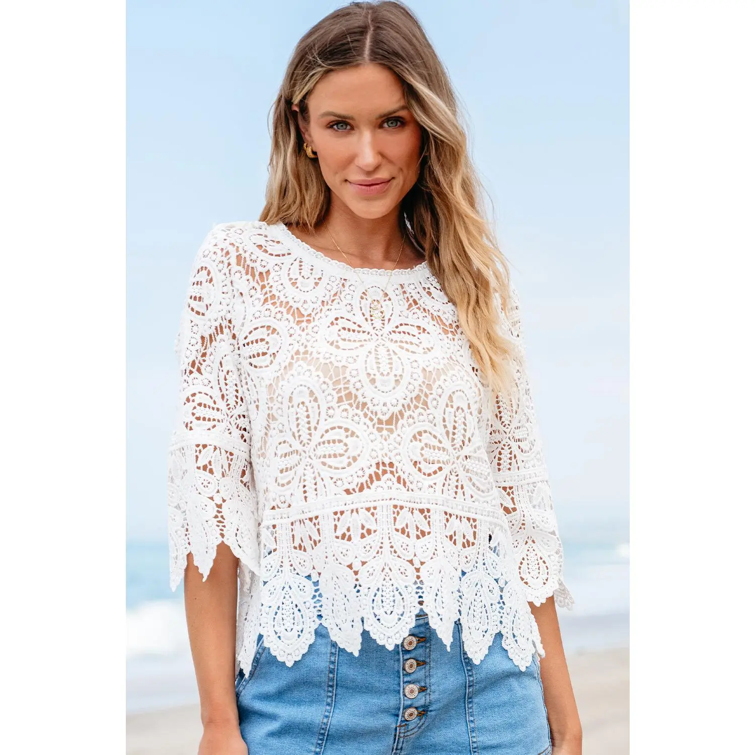 Oatmeal Bohemian Macrame Lace Crochet Half Sleeve Blouse