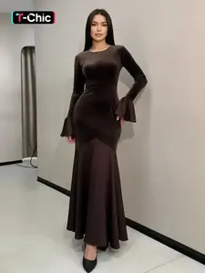 Fashion Elegant Chic Flare Sleeve Lace-Up Bodycon Dress, Long Sleeve Casual Fall Dress, Plain Pattern, Slender-Fitting Design