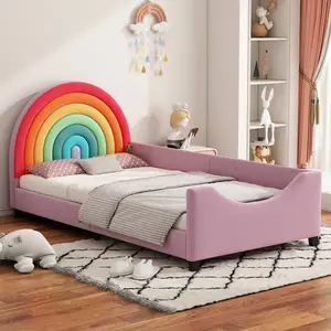 Twin Size Daybed Frame, Rainbow Upholstered Daybed Low to The Ground Design Cute Style Princess Bed for Boys & Girls, Teens, Colorful & Pink