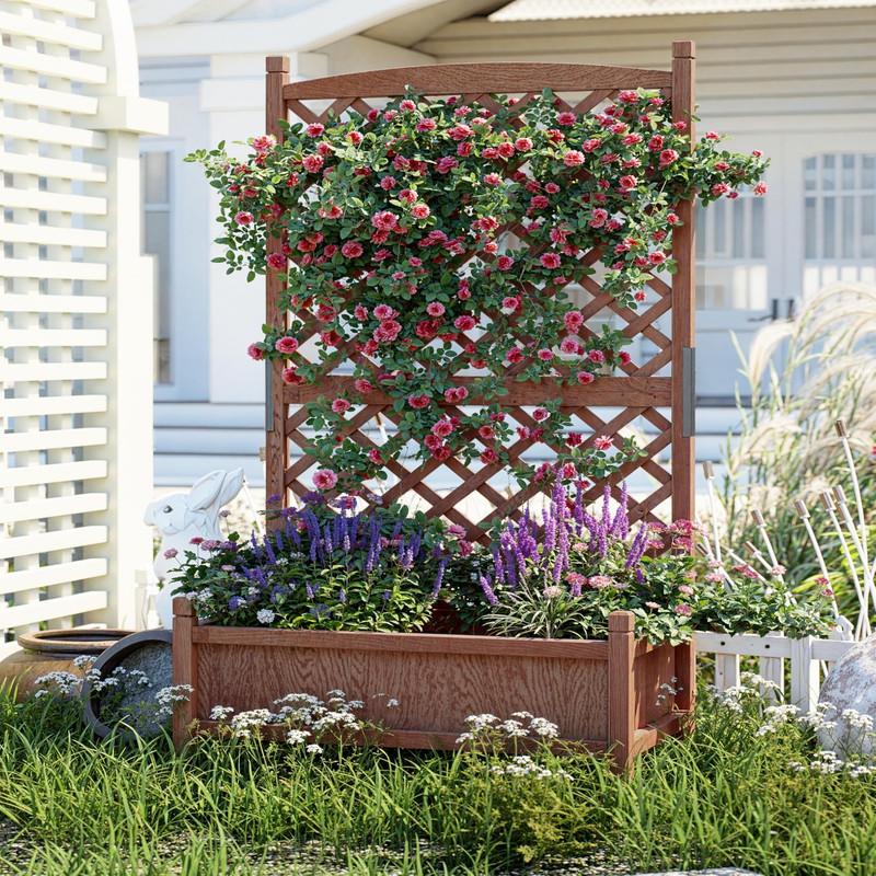 1PC Wood Planter Box with Trellis - 29.5"x26"x61.5" Tall Raised Garden Bed with Wheels, Drainage Holes, Vertical Flower Stand for Patio Horticulture