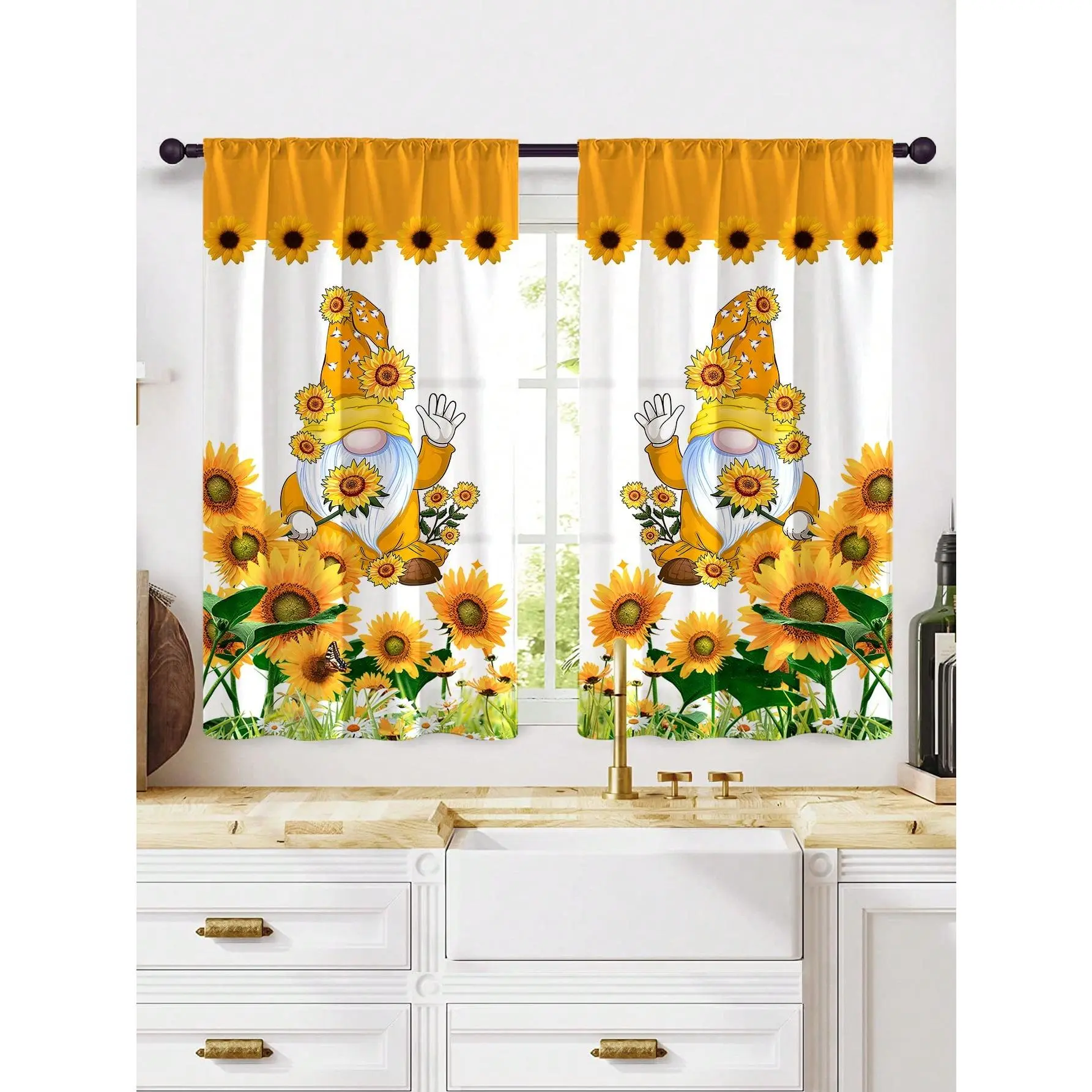 2-Panel Modern Checkered Sunflower Digital Printed Kitchen Curtains, Premium Light Filtering Durable Home Decoration with Rod Pocket for Bathroom/Cafe, 27.5×39in