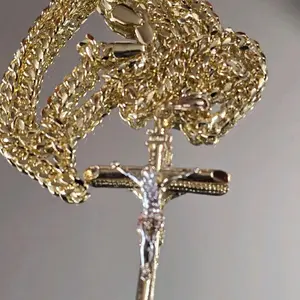 Gold Plated Cuban Style 5mm-23.3/4 Inch Chain with Tricolor 2-11/16 Inch Crucifix 14 Karat Gold Plated Not Water Resistant Set Necklace