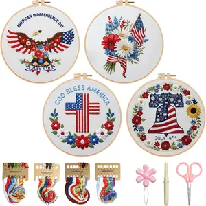 4th of July Embroidery Kit, 4 Set Patriotic Cross Stitch Craft Kits for Beginners with Pre-Printed Embroidery Fabric, Hoops, Step-by-Step Instructions, Color Threads & Needles (Red White Blue)