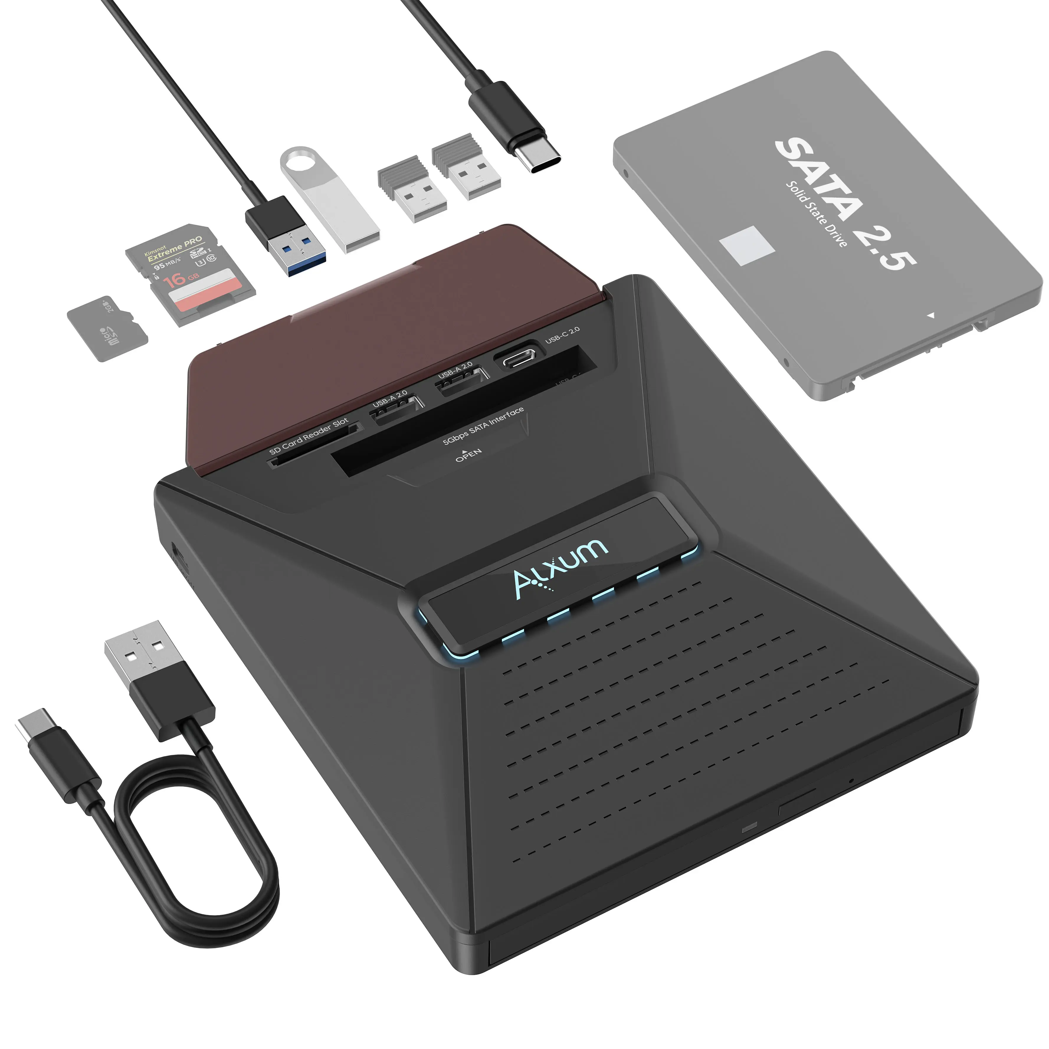 Alxum 7 IN 1 Portable Laptop CD/DVD Player ,CD Drive Burner with 2.5" SATA Port &SD/Micro SD Card Slot,Compatible with Windows/macOS/Linux/PC/Macbook/Imac Perfect MothersDay Gift outdoorfun Usb Power Cable Usb Power Adapter