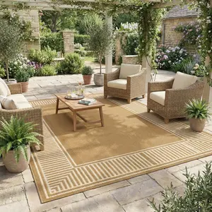 Waterproof Plastic Straw Outdoor Rug  Patio Reversible UV Resistant Foldable Camping Carpet Modern Striped Large Outdoor Rugs for Deck, Camper, Balcony, Beach，Light Brown/Coffee