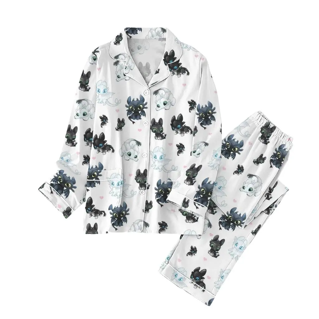 Cute Cartoon Dragon Satin Pajama Set for Women with Toothless and Light Fury Print, Long Sleeve White Sleepwear Set for Cozy Nights or Gifts