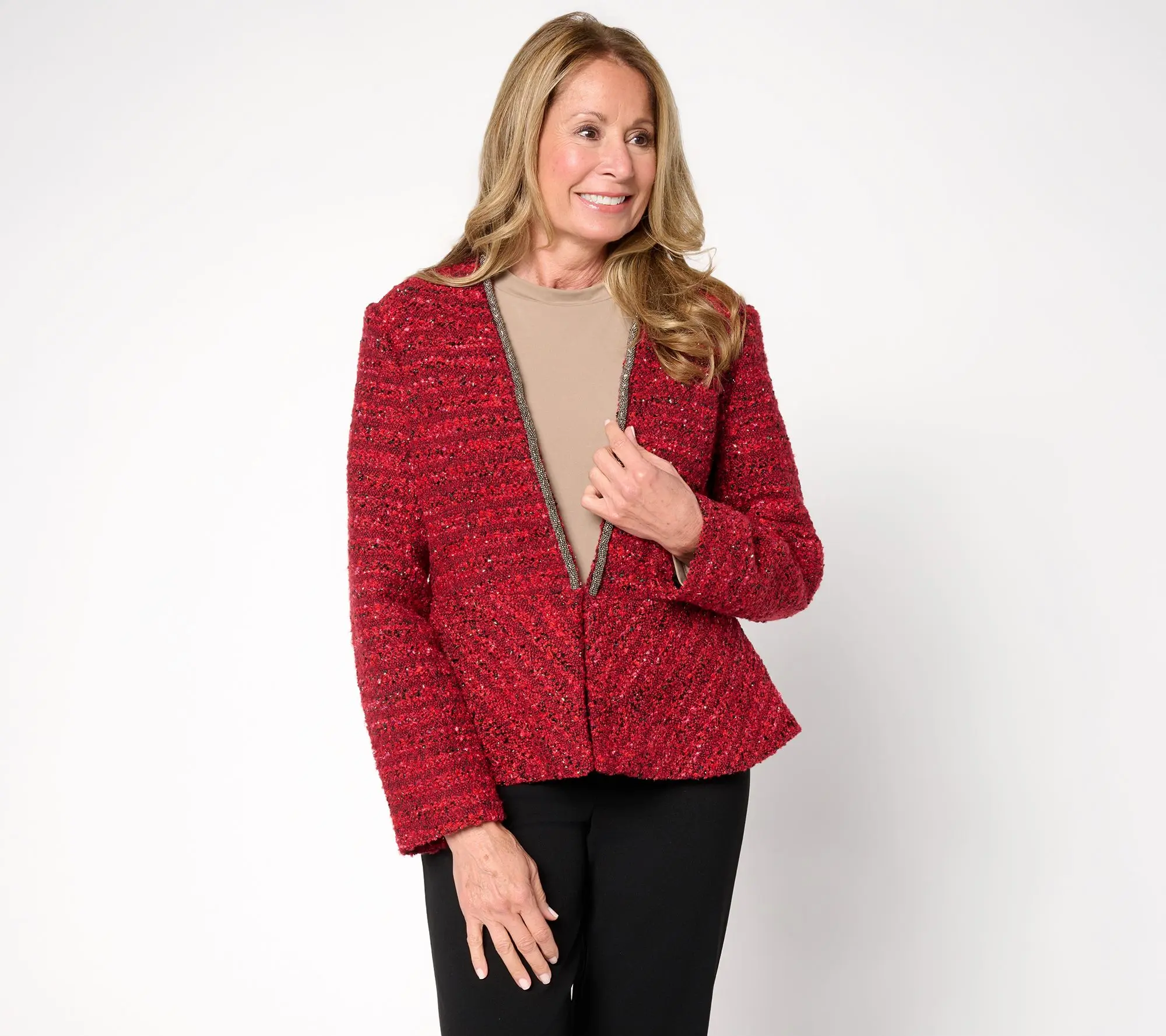 Susan Graver Occasions Tweed Embellished Trim Jacket Susan Graver Occasions Tweed Embellished Trim Jacket