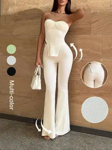 Women's Solid Color Sleeveless Tube Top & Skinny Pants Set, Chic Elegant Fashion Minimalist Top & Slim Flared Leg Trousers Set for Daily Outdoor Wear, Ladies Formal Clothes for All Seasons, Womenswear, Basic Casual Summer Set, Outfit, Stretchy Outfit Sets