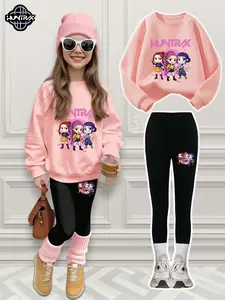 Kpop Girl Cartoon Print 2-Piece Set, Girls' Casual Sportswear, Girl Clothes School, Comfortable Elastic Waist Pants, Fall Winter, Ages 4-12